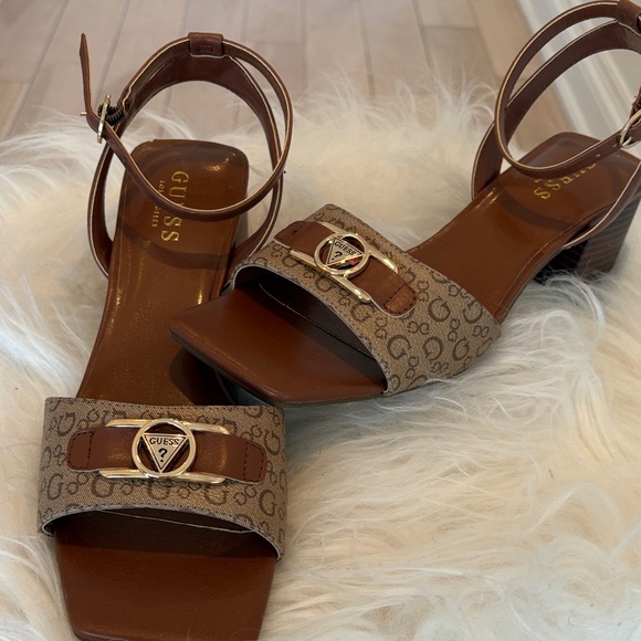 Guess Shoes - Guess Brown Logo Block Heel Sandals with Gold Accents